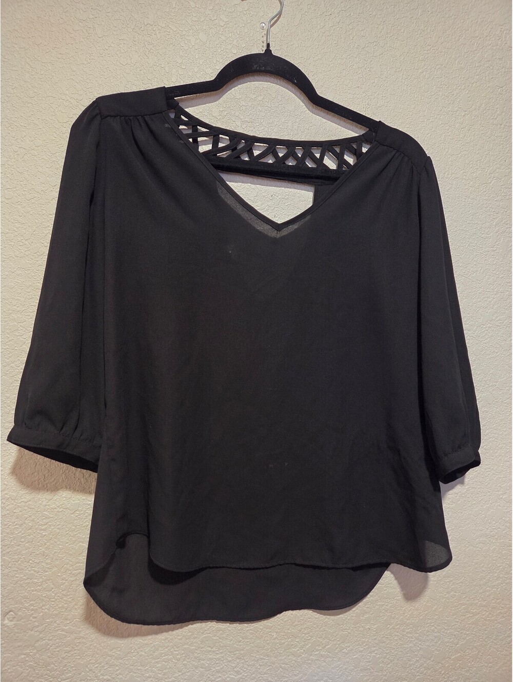 BCX Black Sheer Blouse with Lattice Detail Size M